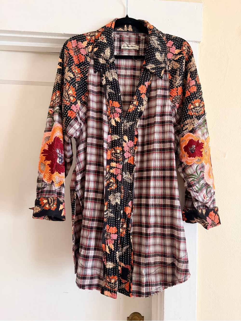 Free People We The Free Embroidered Sashiko Shirt Plaid Floral Medium